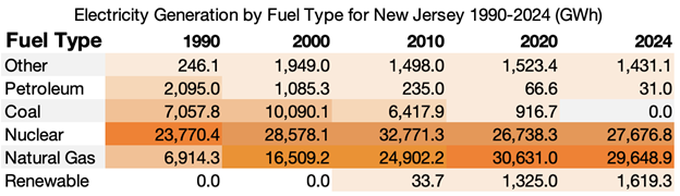 Electricity Generation by Fuel Type for NJ Table 1990-2024 Electricity Generation by Fuel Type for NJ Table 1990-2024
